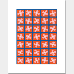 Retro Flowers Pattern - Red Blue Posters and Art
